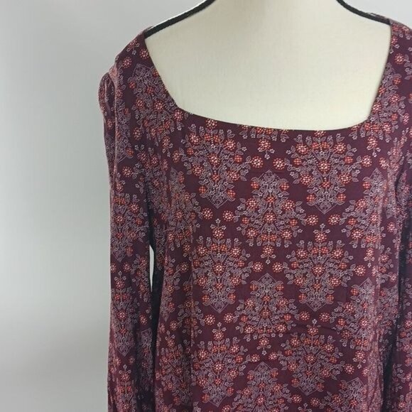 LOFT Burgundy Floral Print Blouse Womens Size S Long Sleeve Square Neck - Picture 3 of 7